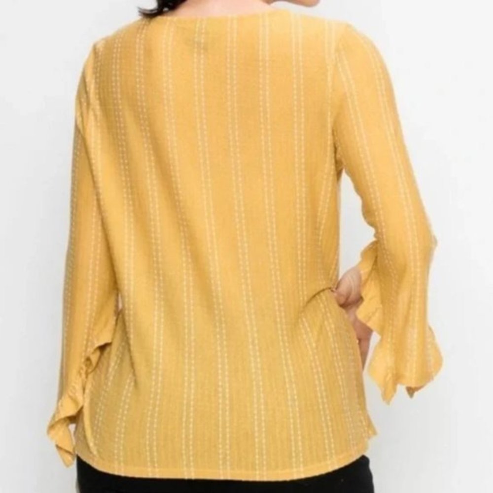 Anthropologie M W5 Concepts Mustard White Polka Dot Ruffle Bell Sleeve Knit Top - Picture 3 of 7